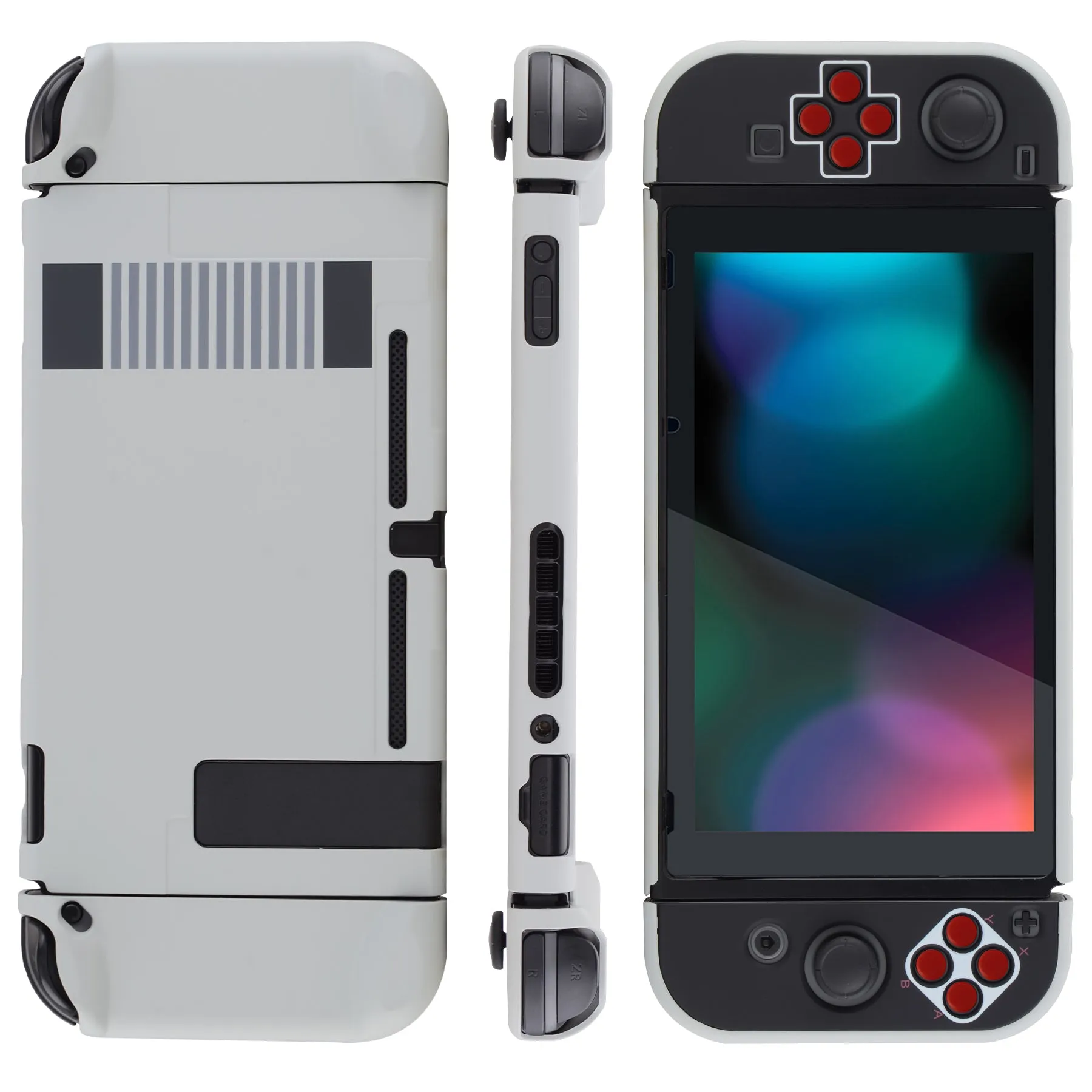 PlayVital Classics NES Style Back Cover for NS Switch Console, NS Joycon Handheld Controller Separable Protector Hard Shell, Dockable Protective Case with Red ABXY Direction Button Caps - NTT103