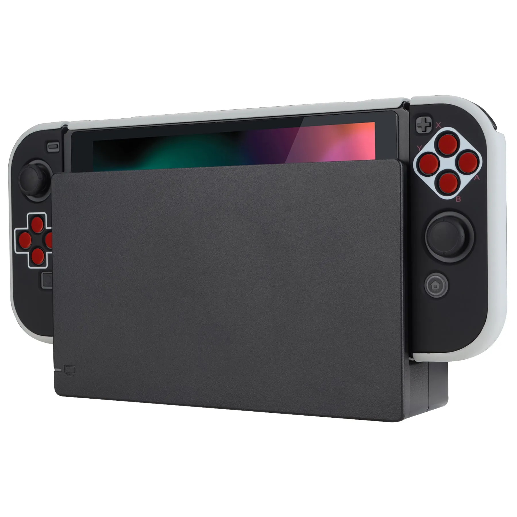 PlayVital Classics NES Style Back Cover for NS Switch Console, NS Joycon Handheld Controller Separable Protector Hard Shell, Dockable Protective Case with Red ABXY Direction Button Caps - NTT103