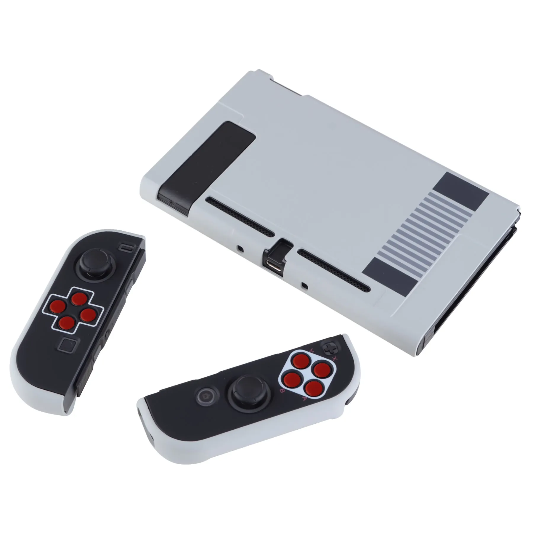 PlayVital Classics NES Style Back Cover for NS Switch Console, NS Joycon Handheld Controller Separable Protector Hard Shell, Dockable Protective Case with Red ABXY Direction Button Caps - NTT103