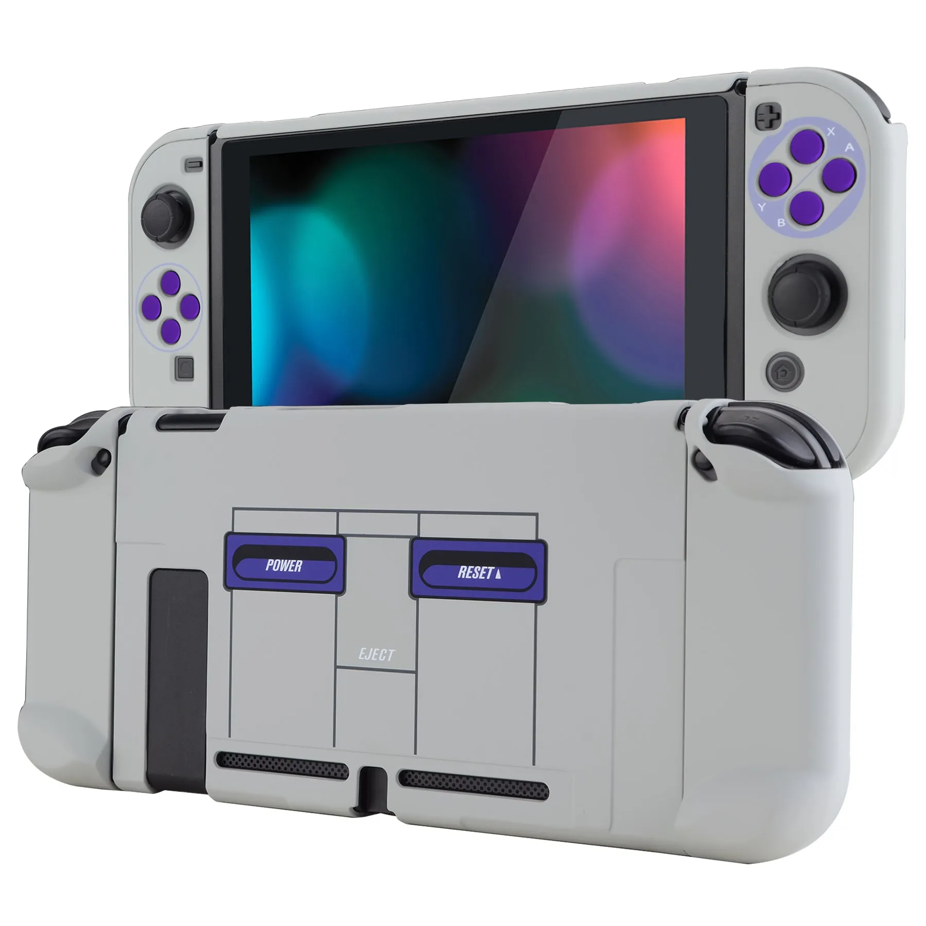 PlayVital Classics SNES Style Back Cover for NS Switch Console, NS Joycon Handheld Controller Separable Protector Hard Shell, Dockable Protective Case with Purple ABXY Direction Button Caps - NTT104