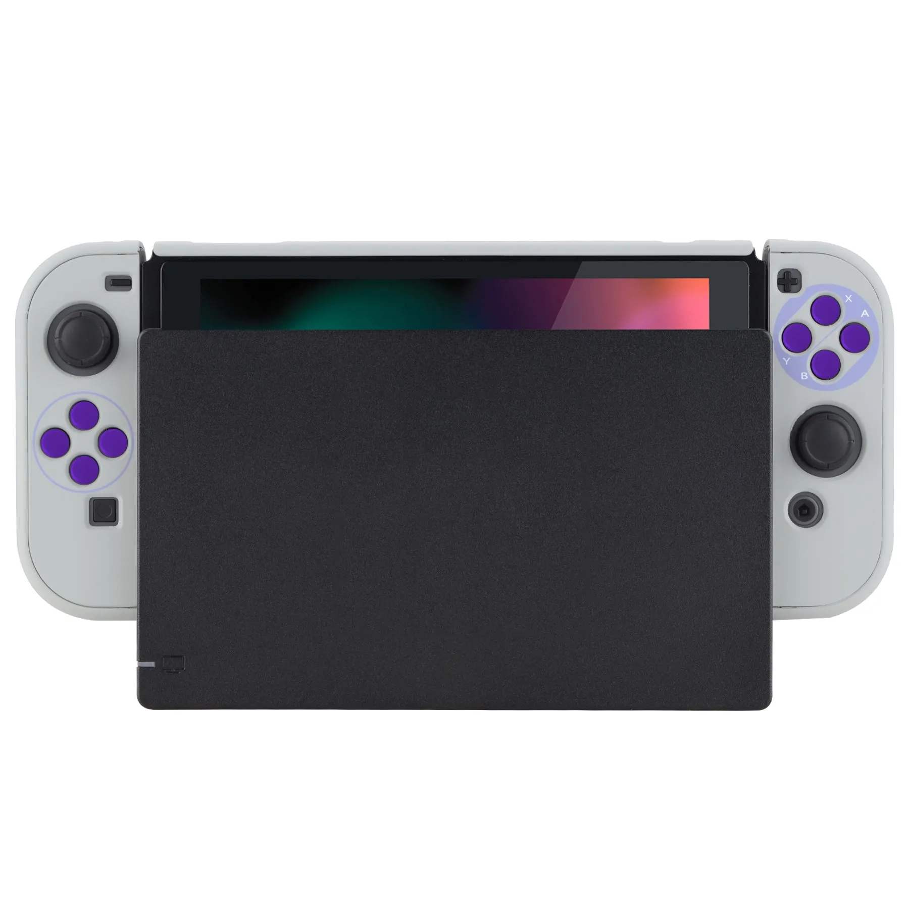 PlayVital Classics SNES Style Back Cover for NS Switch Console, NS Joycon Handheld Controller Separable Protector Hard Shell, Dockable Protective Case with Purple ABXY Direction Button Caps - NTT104