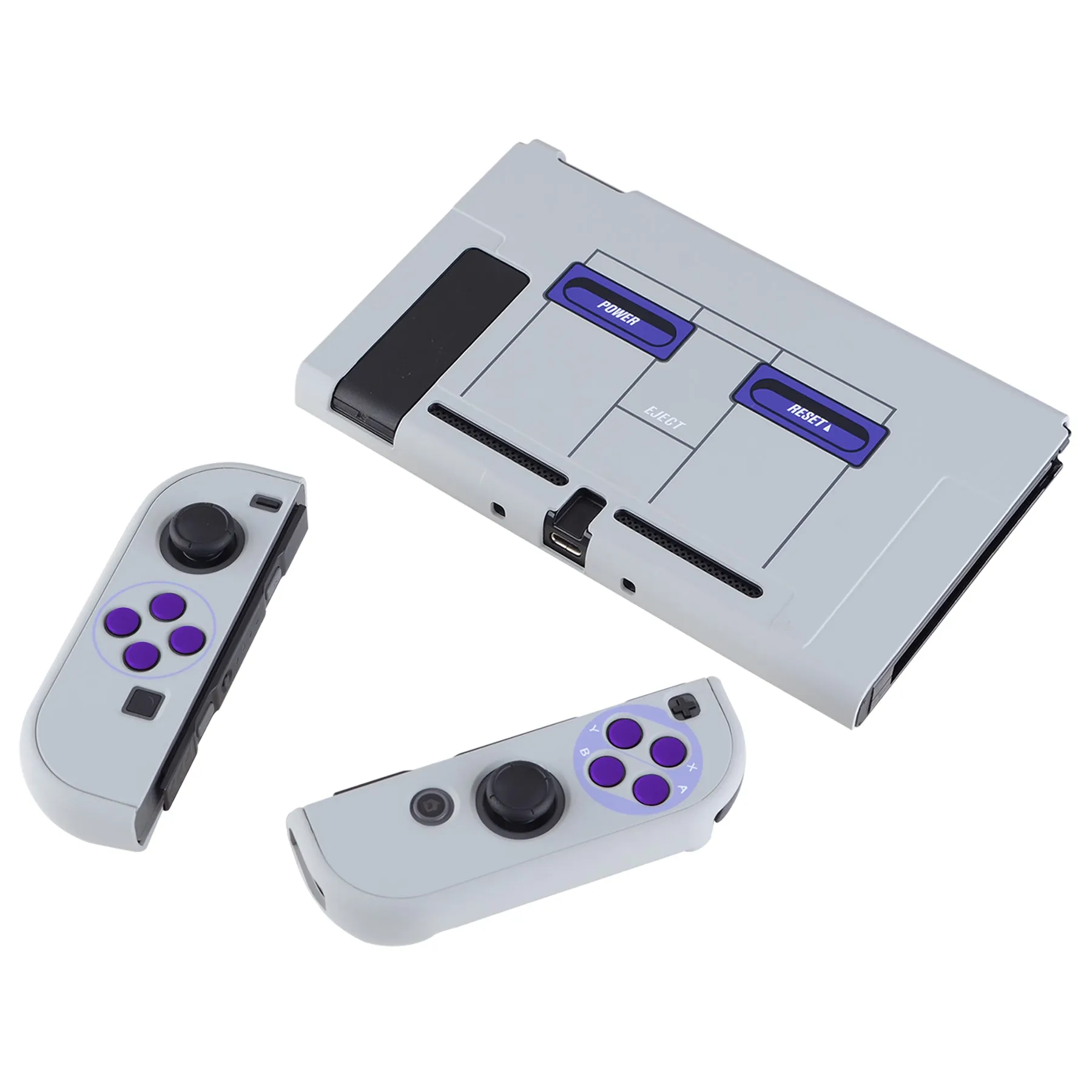 PlayVital Classics SNES Style Back Cover for NS Switch Console, NS Joycon Handheld Controller Separable Protector Hard Shell, Dockable Protective Case with Purple ABXY Direction Button Caps - NTT104