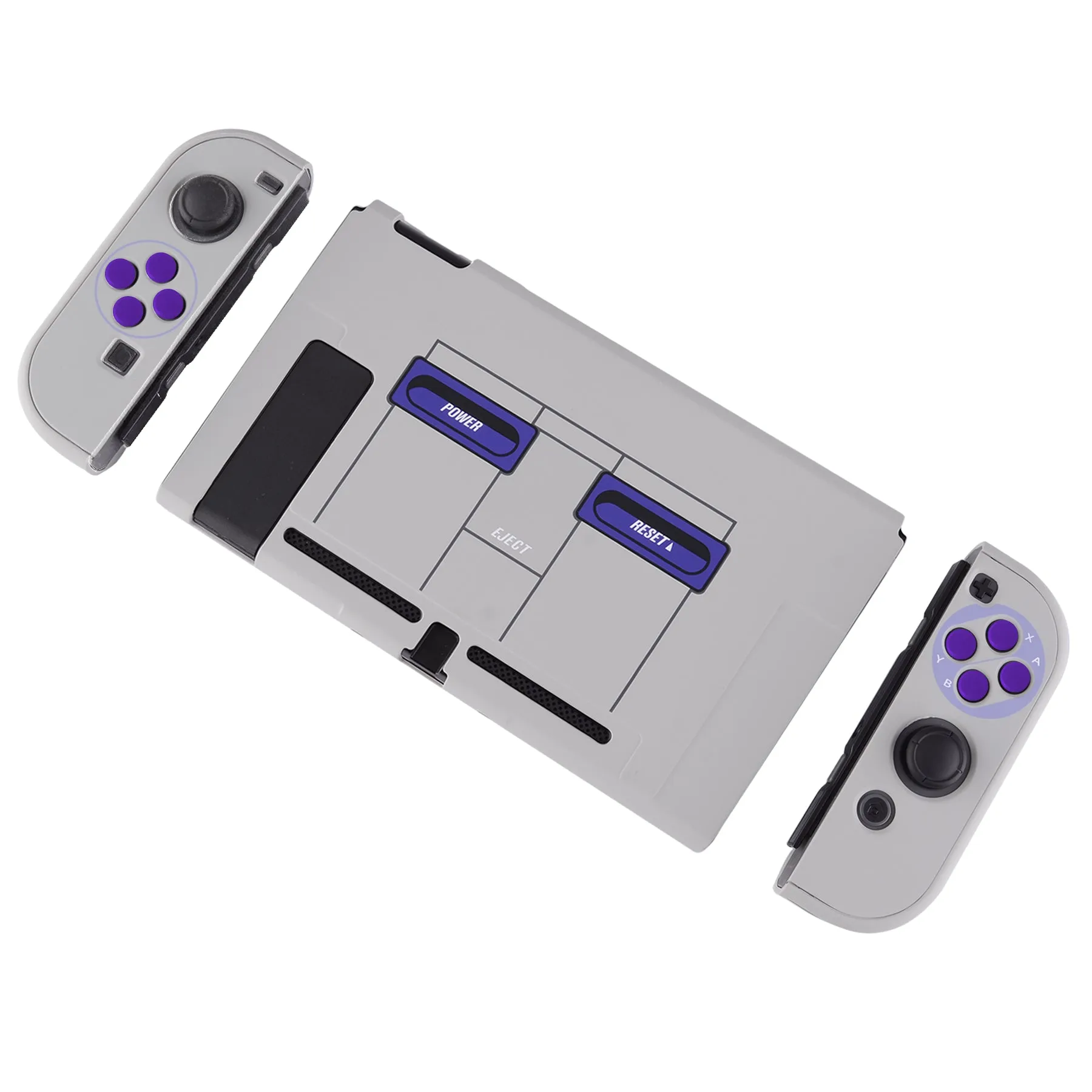 PlayVital Classics SNES Style Back Cover for NS Switch Console, NS Joycon Handheld Controller Separable Protector Hard Shell, Dockable Protective Case with Purple ABXY Direction Button Caps - NTT104