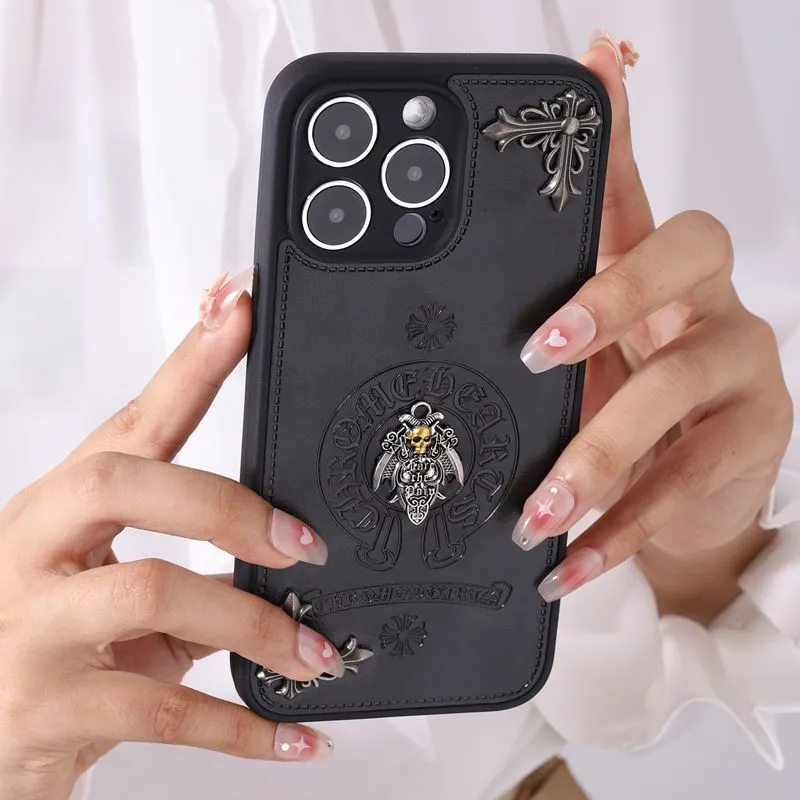 PU Leather Texture Skull Personality Trend Chrome Heart Phone Case For iPhone