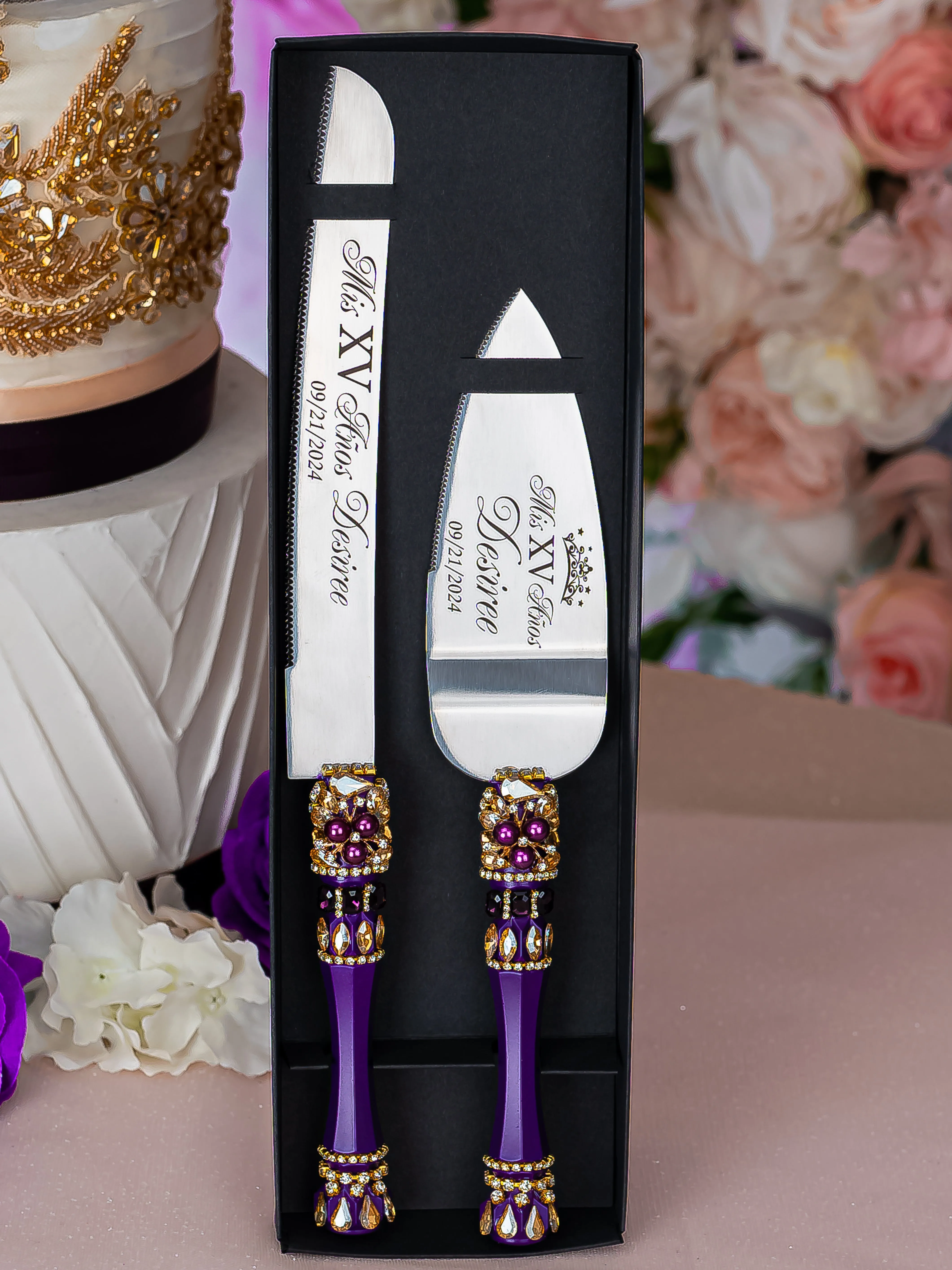 Purple Gold Quinceanera cake knife and server