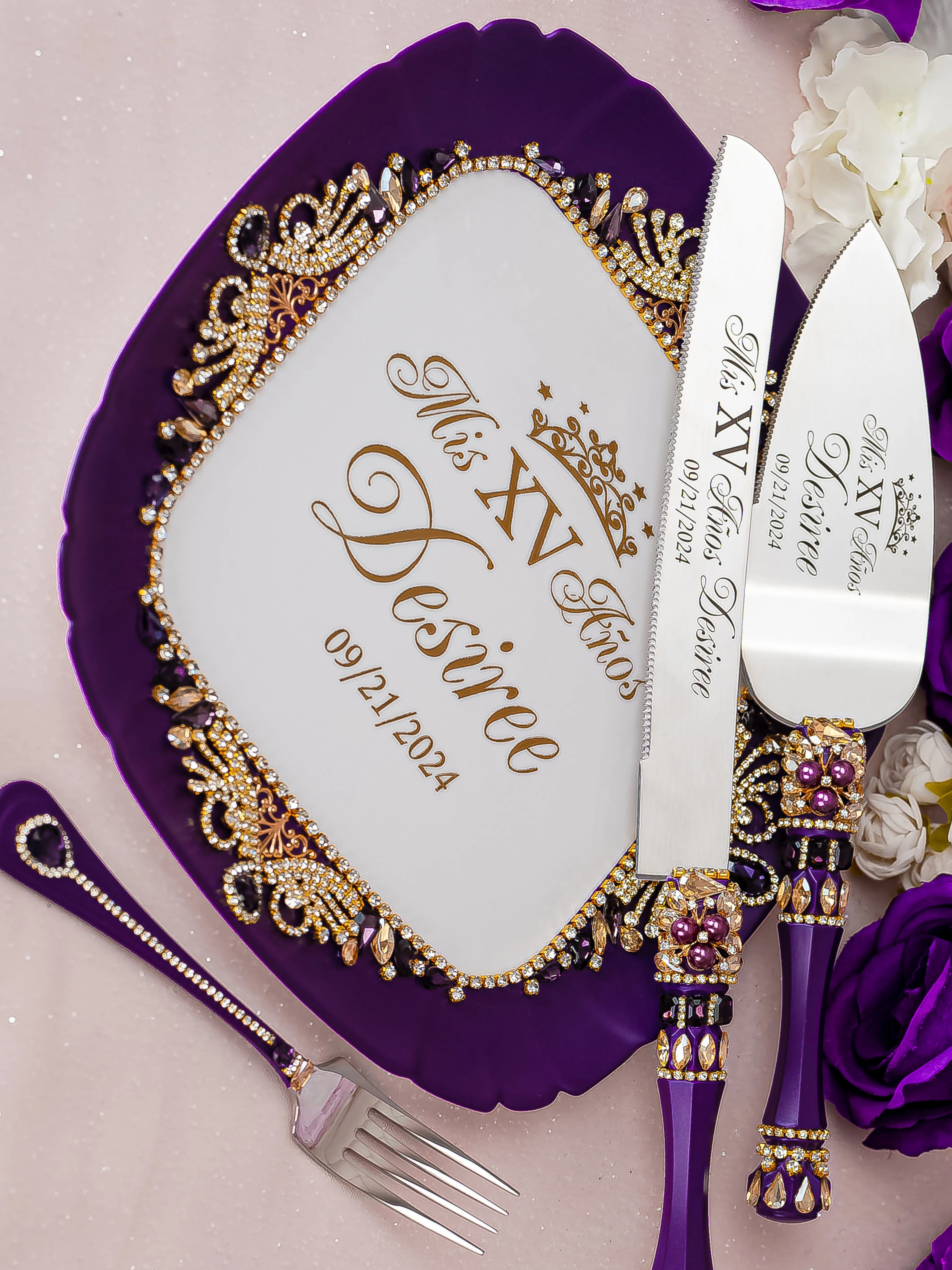 Purple Gold Quinceanera cake knife and server