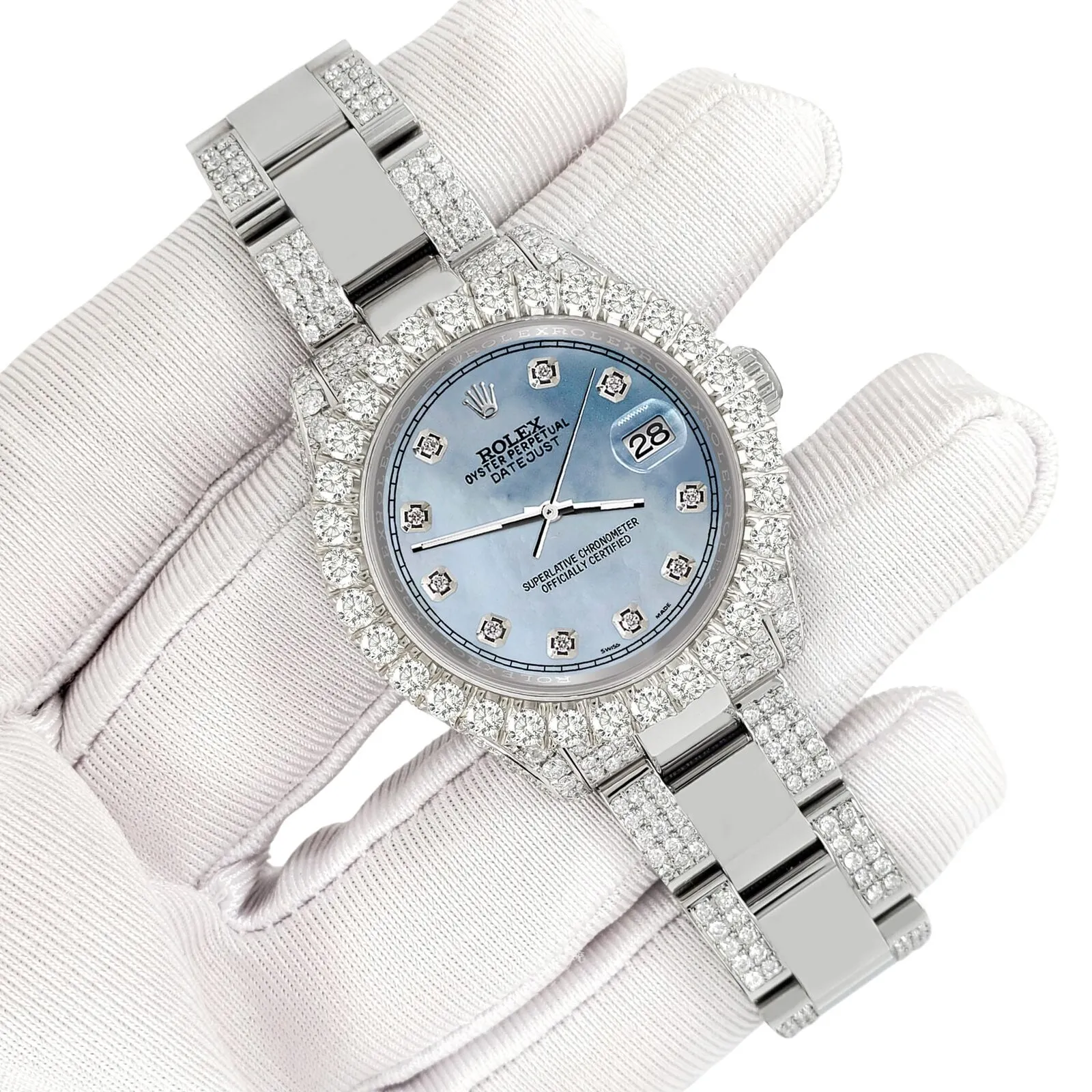 Rolex Datejust 31mm Pave 7.2ct Iced Diamond Sky Blue MOP Track Watch  TFJ-142508409