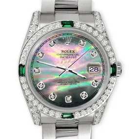 Rolex Datejust 36mm Steel Watch Diamonds &amp; Emeralds Bezel/Lugs/Tahitian Dial TFJ-142508490