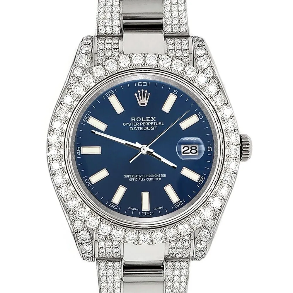 Rolex Datejust II 41mm 10.3CT Pave Diamond Watch with Blue Stick Dial   TFJ-142508231