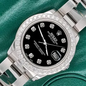 Rolex Datejust Midsize 31mm 1.52ct Bezel/Black Diamond Dial Steel Oyster Watch TFJ-142507892