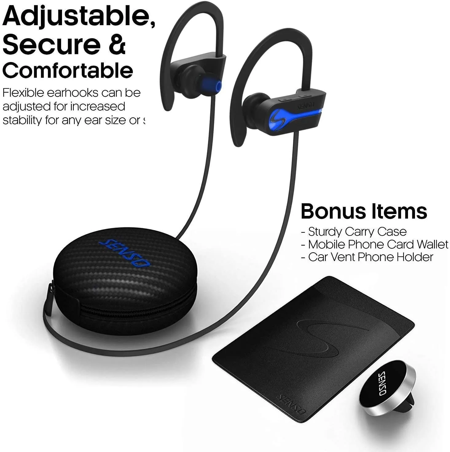 SENSO Bluetooth Wireless Headphones, Best Sports Earphones W/Mic IPX7 Waterproof HD Stereo Sweatproof Earbuds for Gym Running Workout 8 Hour Battery Noise Cancelling Headsets Cordless Heapdhone - Blue