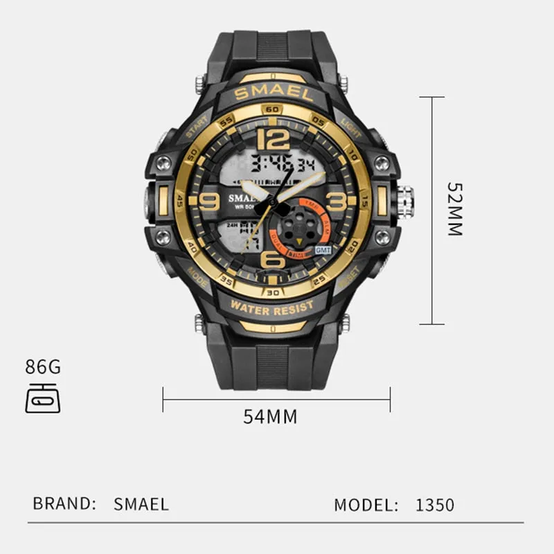 SMAEL Mens Watches Waterproof Sport Watch Light Digital Watch Military Clock Alarm 1350B Relogio Masculino Quartz Watches Sports