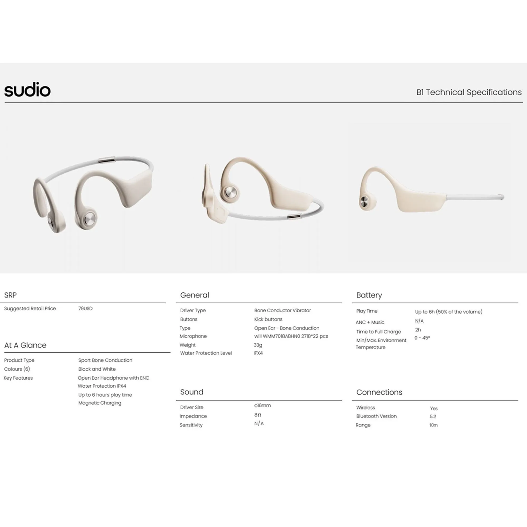 Sudio B1 - Bone Conduction Headphones - Black (Barcode: 7350071387726 )