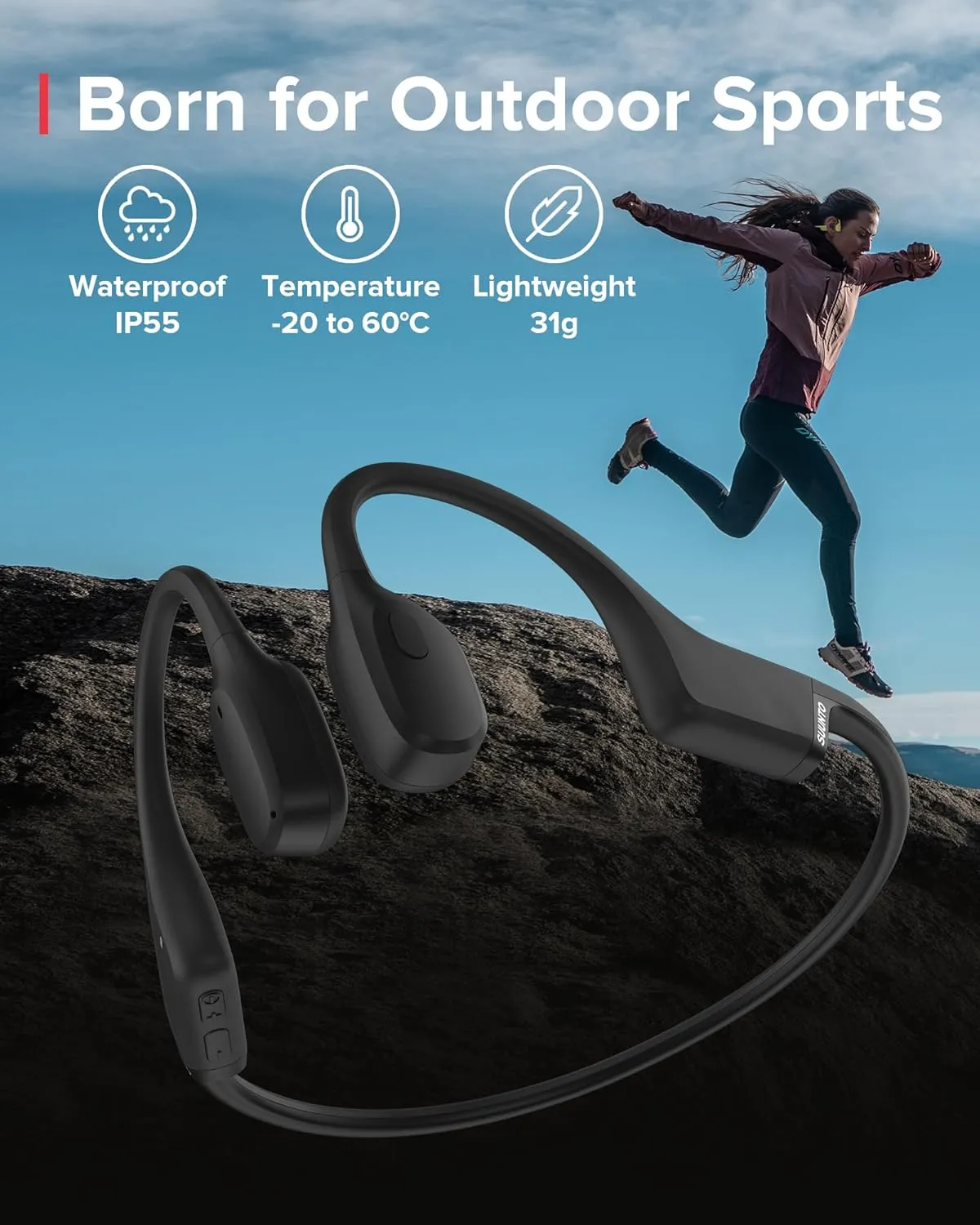 SUUNTO Sonic Open-Ear Bone Conduction Sports Headphone, Black, Bluetooth Wireless Headset w/Enhanced Bass & Multipoint Connection, 10H Playtime w/Fast Charging (SS050946000)