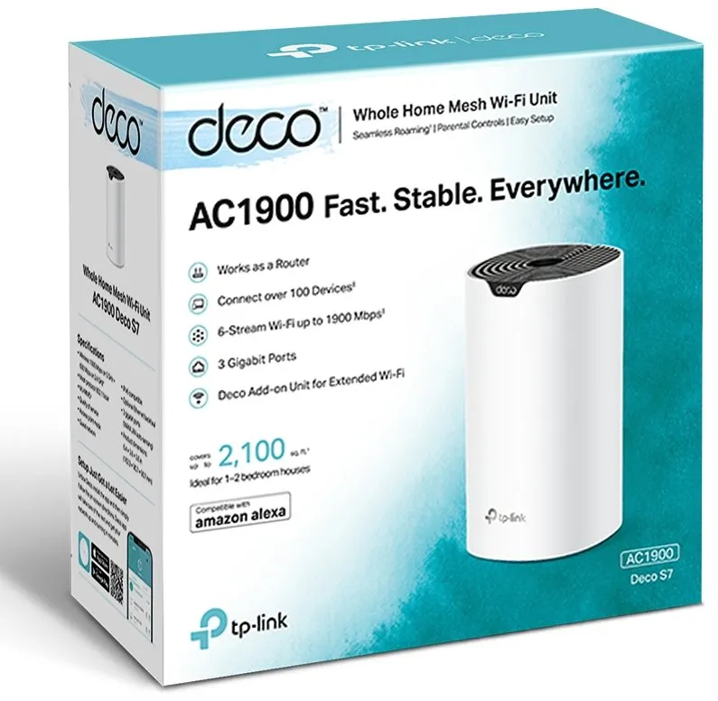 TP-Link Deco S7 AC1900 (3-Pack) Whole Home Mesh Dual Band Wi-Fi System with 1300Mbps at 5GHz, 600Mbps at 2.4GHz, Covers Up to 3,900 sq.ft., Connects over 100 Devices, 3x Gigabit Ports, Router/AP Mode, MU-MIMO, Beamforming, IPv6, Alexa Supported