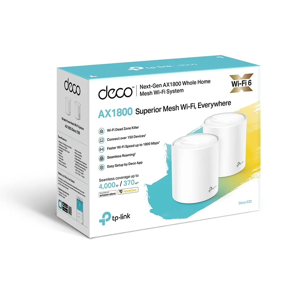 TP-Link Deco X20 AX1800 Whole Home Mesh Dual Band Wi-Fi 6 System with 1201Mbps at 5GHz, 574Mbps at 2.4GHz, Covers Up to 2,200 sq.ft., Connect over 150 Devices, Router/AP Mode, MU-MIMO, Beamforming, WPA3, OFDMA, Alexa Supported