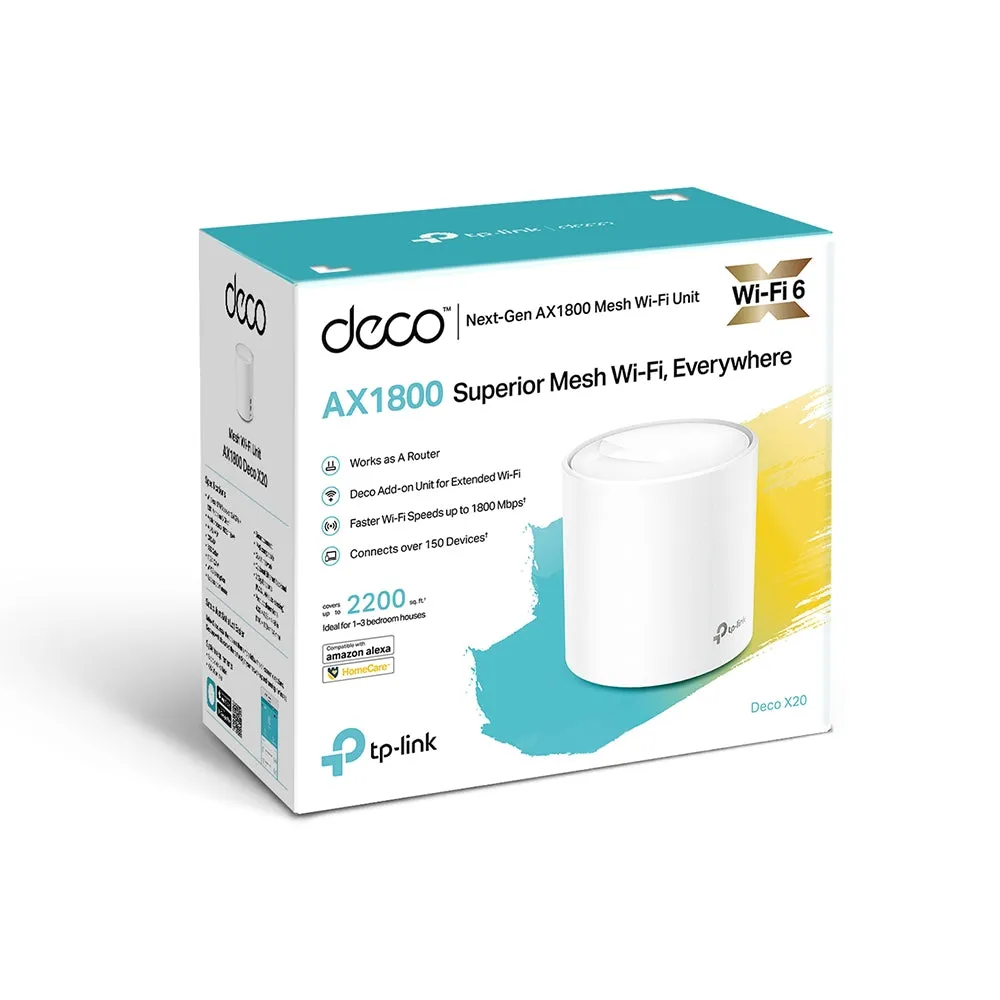 TP-Link Deco X20 AX1800 Whole Home Mesh Dual Band Wi-Fi 6 System with 1201Mbps at 5GHz, 574Mbps at 2.4GHz, Covers Up to 2,200 sq.ft., Connect over 150 Devices, Router/AP Mode, MU-MIMO, Beamforming, WPA3, OFDMA, Alexa Supported