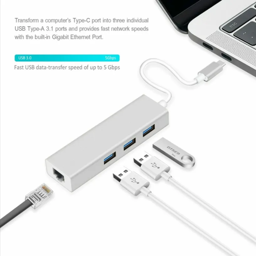 Type-C To Rj45 3Usb Hub With 10/100/1000Mbps Ethernet Network Cable Adapter