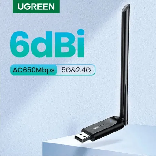 UGREEN AC650 Dual Band USB Wi-Fi Adapter High-Gain 6dBi Network Antenna with 433Mbps at 5GHz & 200Mbps at 2.4GHz Transmission Speed for PC, Notebook Computer, Laptop - Supports Windows & Linux | 90339