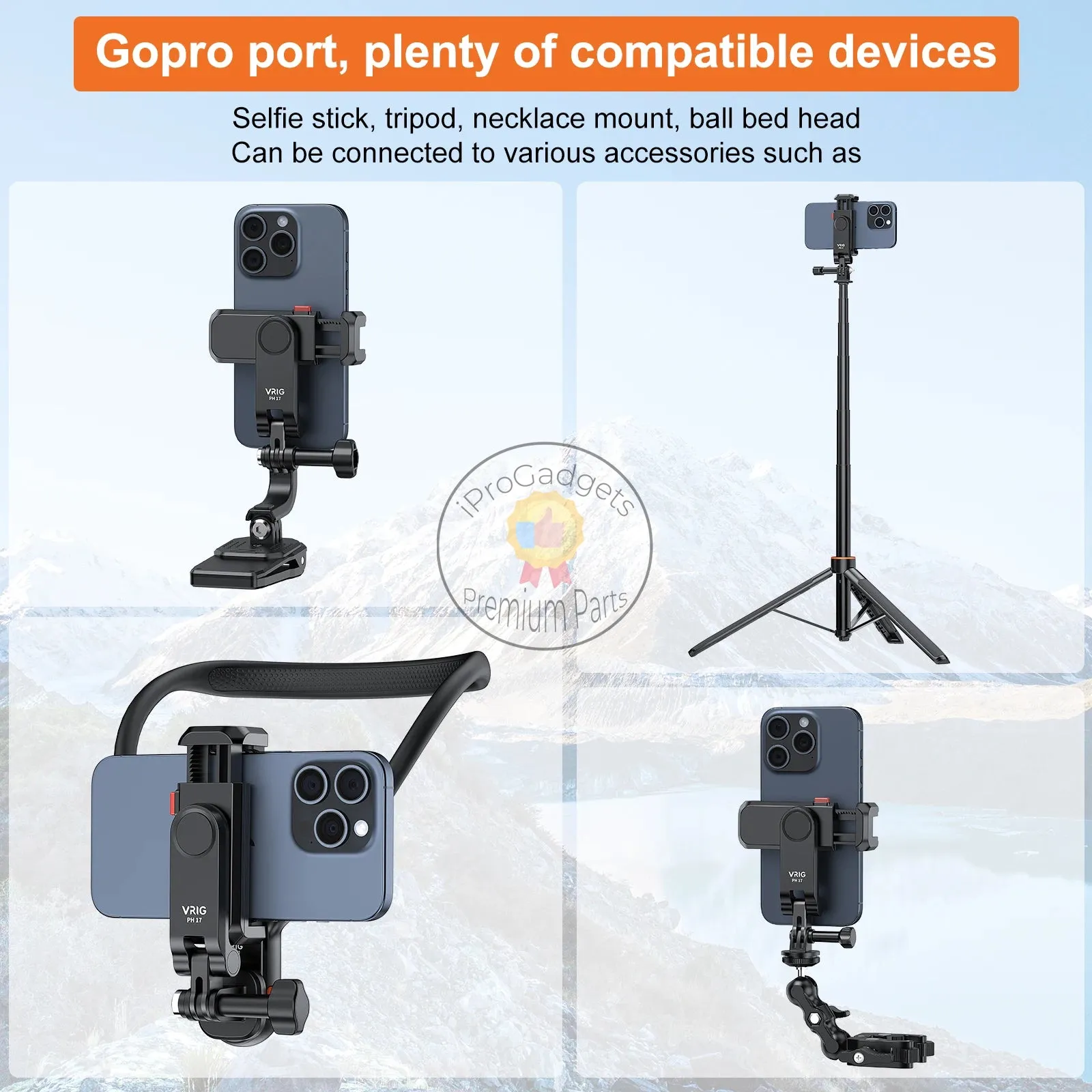 Vrig PH17 Phone Tripod Mount Phone Holder Clamp 360° Rotatable with Dual Cold Shoe Mounts Vlog Selfie