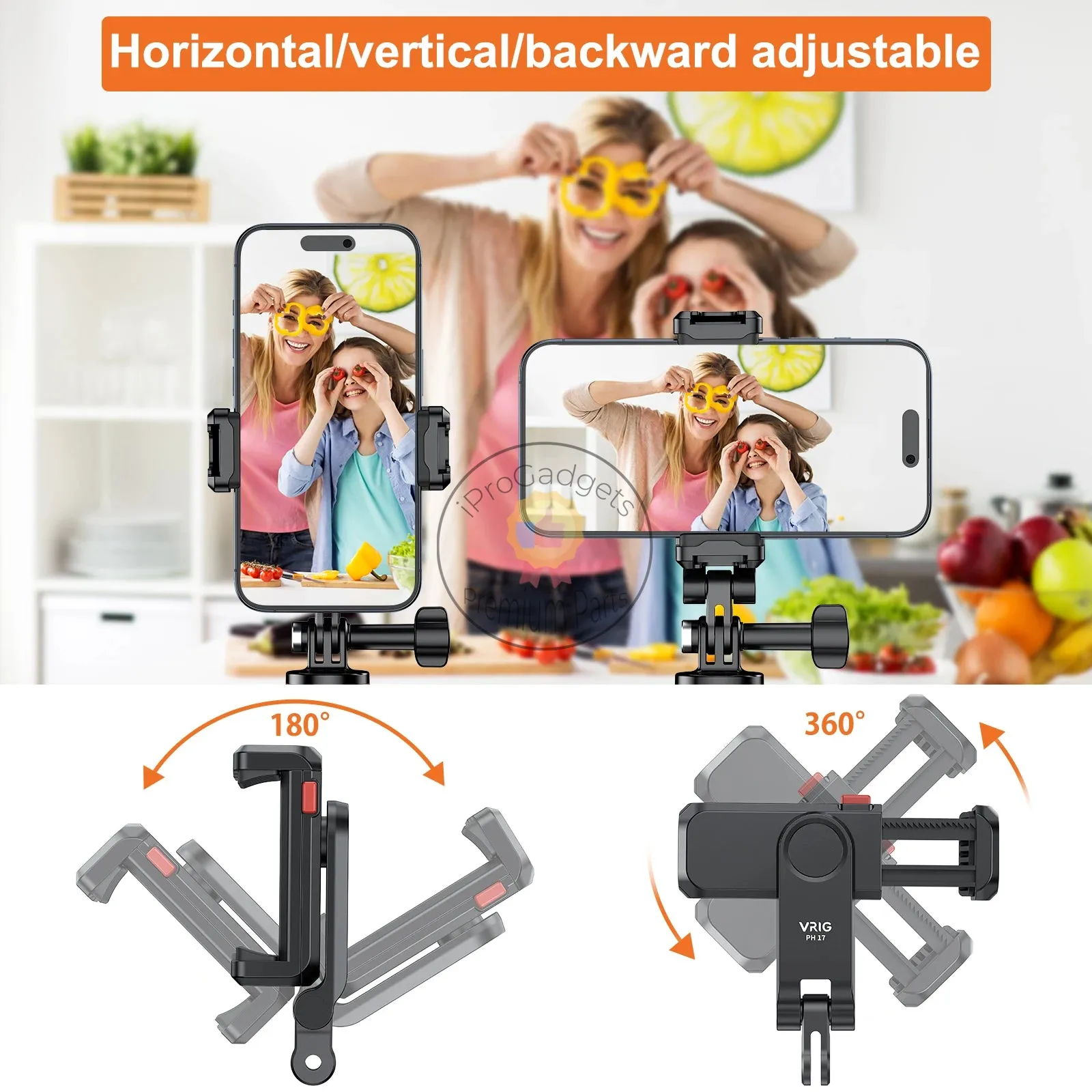 Vrig PH17 Phone Tripod Mount Phone Holder Clamp 360° Rotatable with Dual Cold Shoe Mounts Vlog Selfie