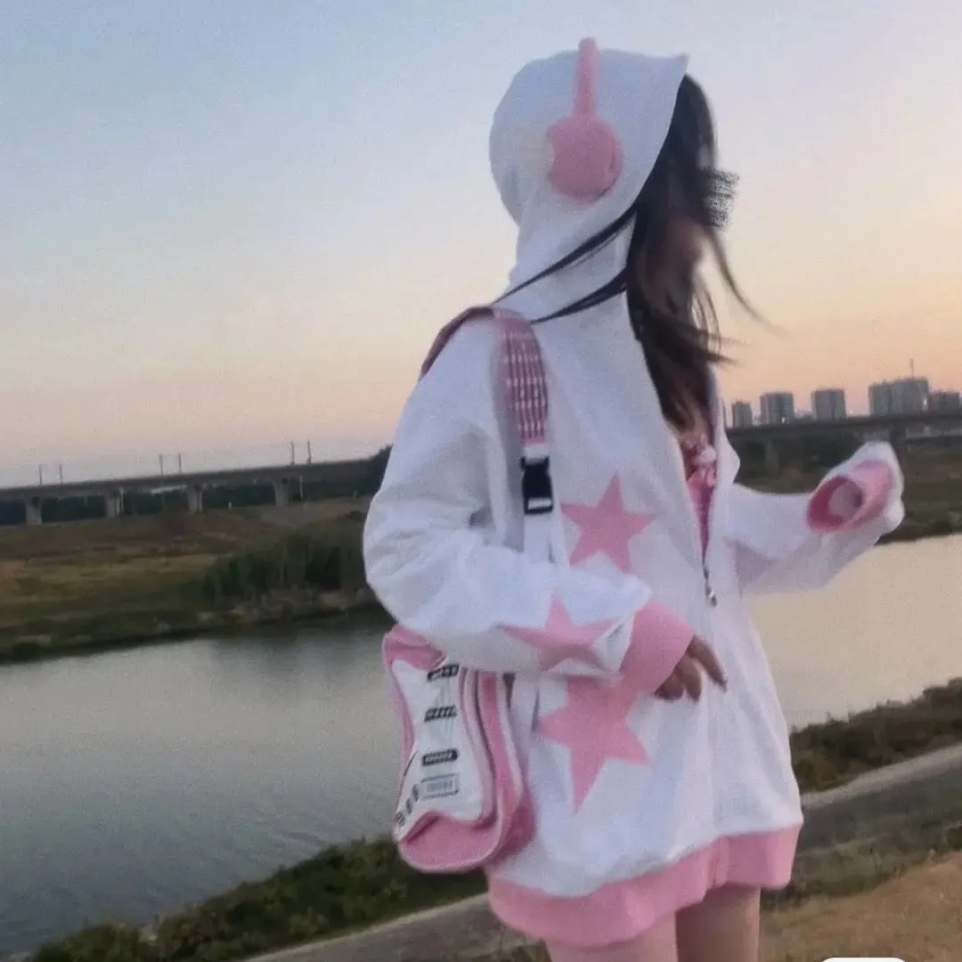 White & Pink Star Headphones Hoodie